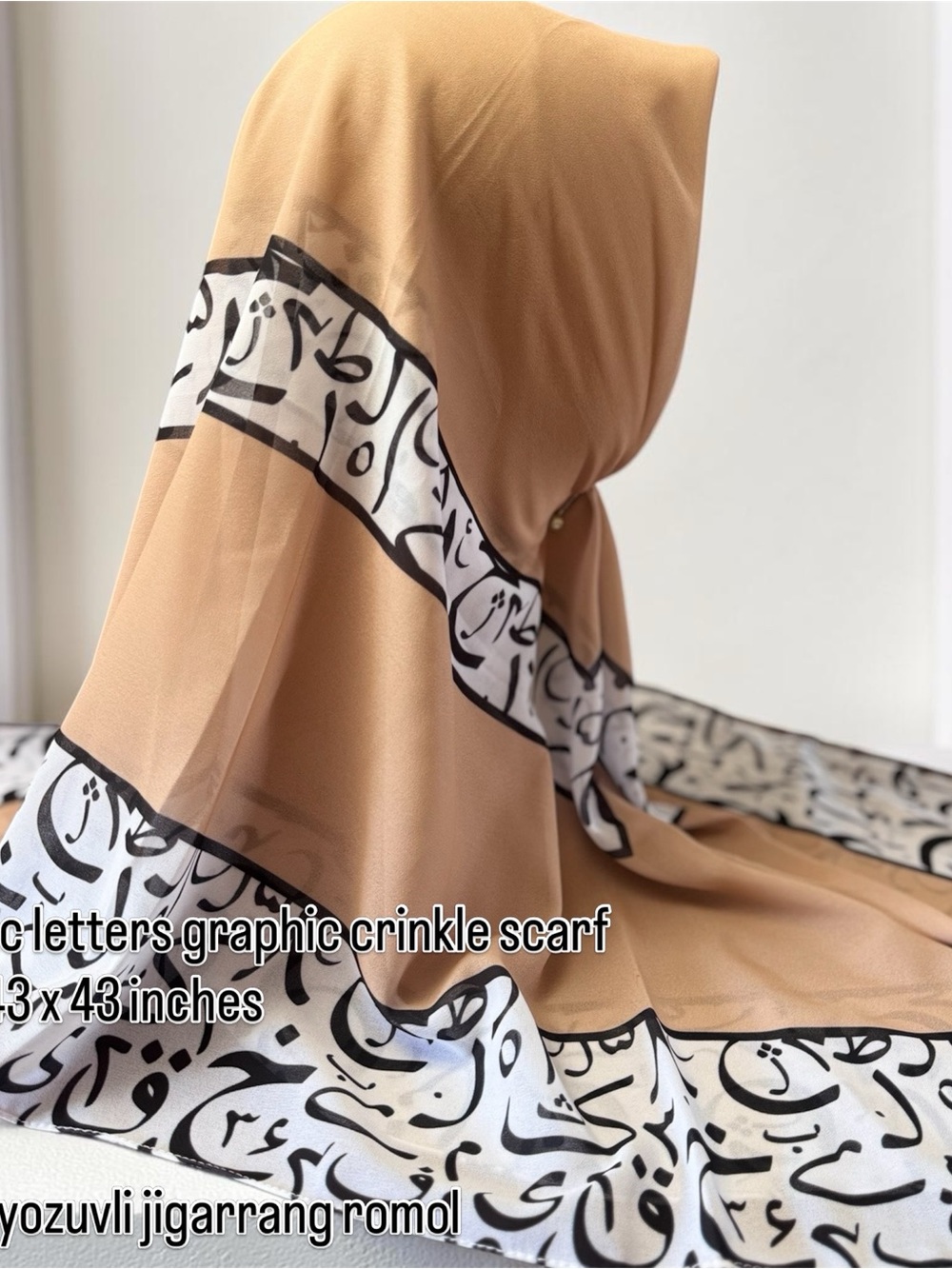 Graphic Calligraphy Crinkle Scarf in Camel and White